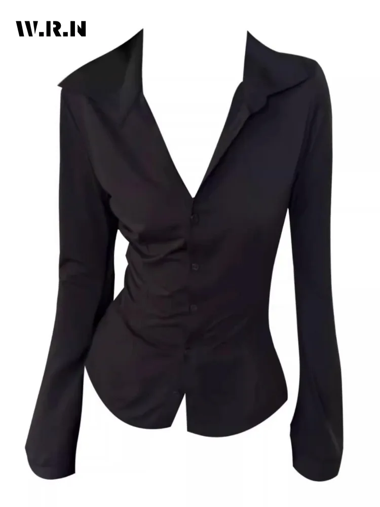

2025 Winter Korean Casual Style Turn-down Collar Black Blouses Women's Sexy Single Breasted Slim Fit Long Sleeve HOtsweet Shirts