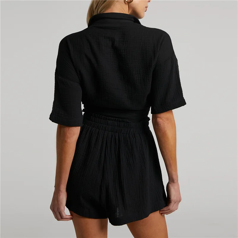 Conjunto casual de 2 piezas para mujer Conjuntos de lino y algodón Camisa con botones Pantalones cortos Ropa de resort 2025 Conjunto de pijama para playa