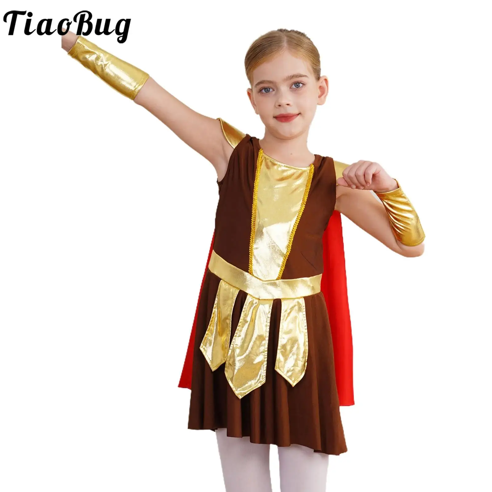 Girls Ancient Roman Warrior Cosplay Costume Kids Halloween Party Medieval Soldier Gladiator Robe Metallic Shiny Dress with Cape