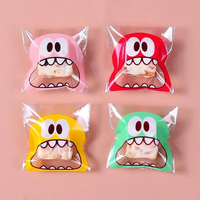 100PCS Cute Cartoon Monster Cookie Candy Self-Adhesive Plastic Cookie Bags Supplies Christmas Packaging