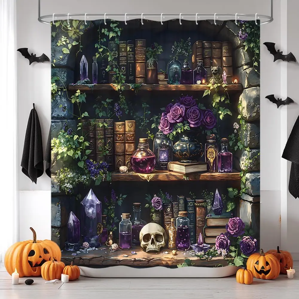 Gothic Bookshelf Shower Curtain Antique Stone Wall Spooky Skull Magic Wizard Bookcase Purple Rose Floral Bottle Green Vine