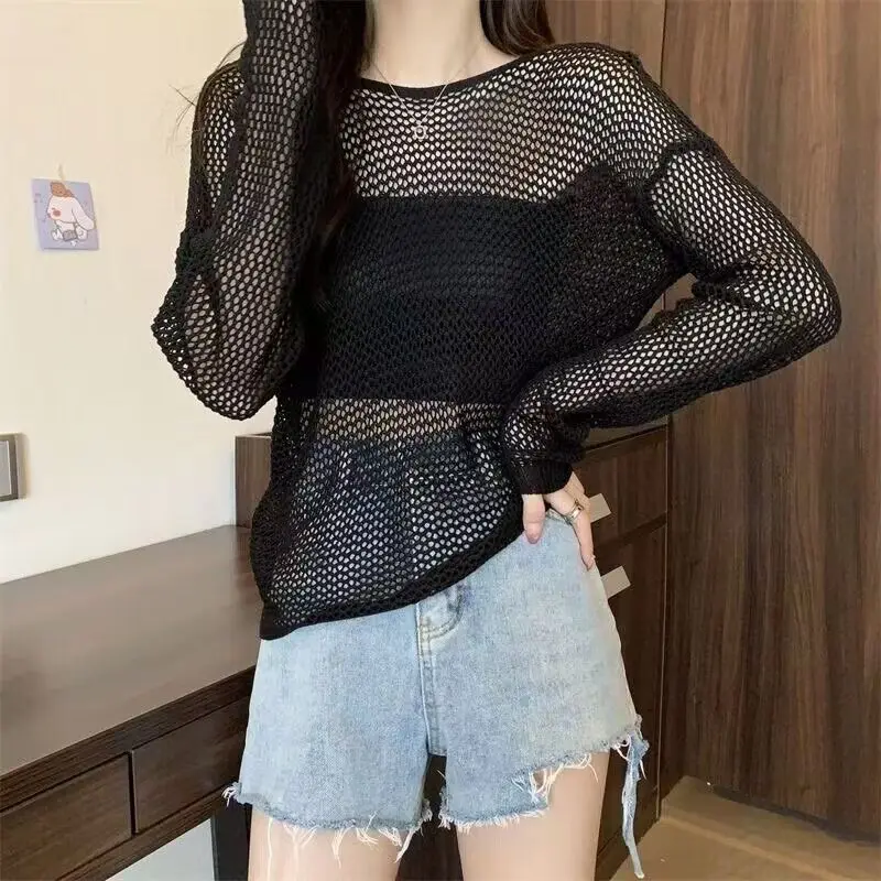 

Женские вязаные свитера, женский сетчатый тонкий пуловер, прозрачный вид, свободные топы с длинными рукавами, халат