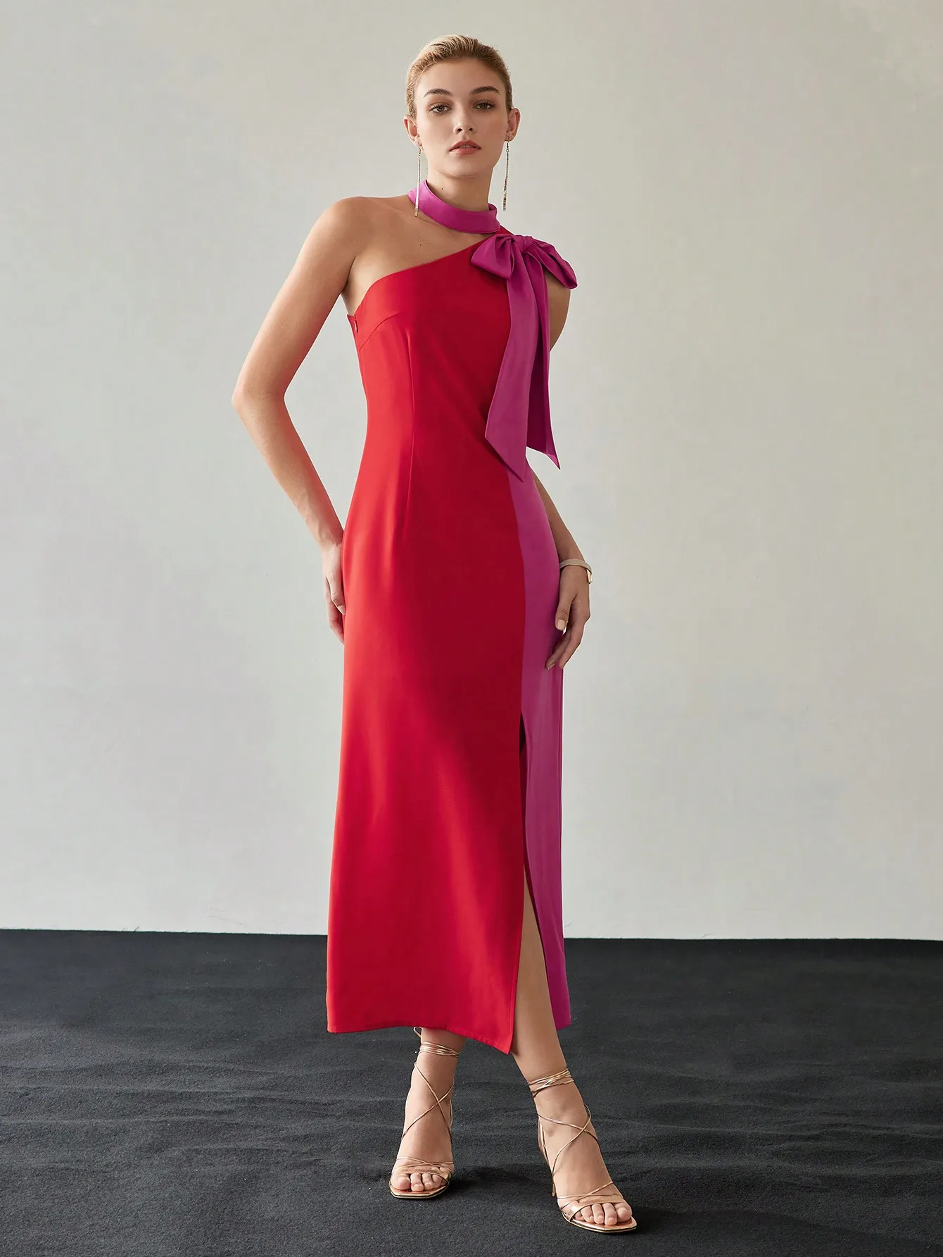 

Asymmetrical Halter Neck Two Tone Maxi Dress with Bow Detail