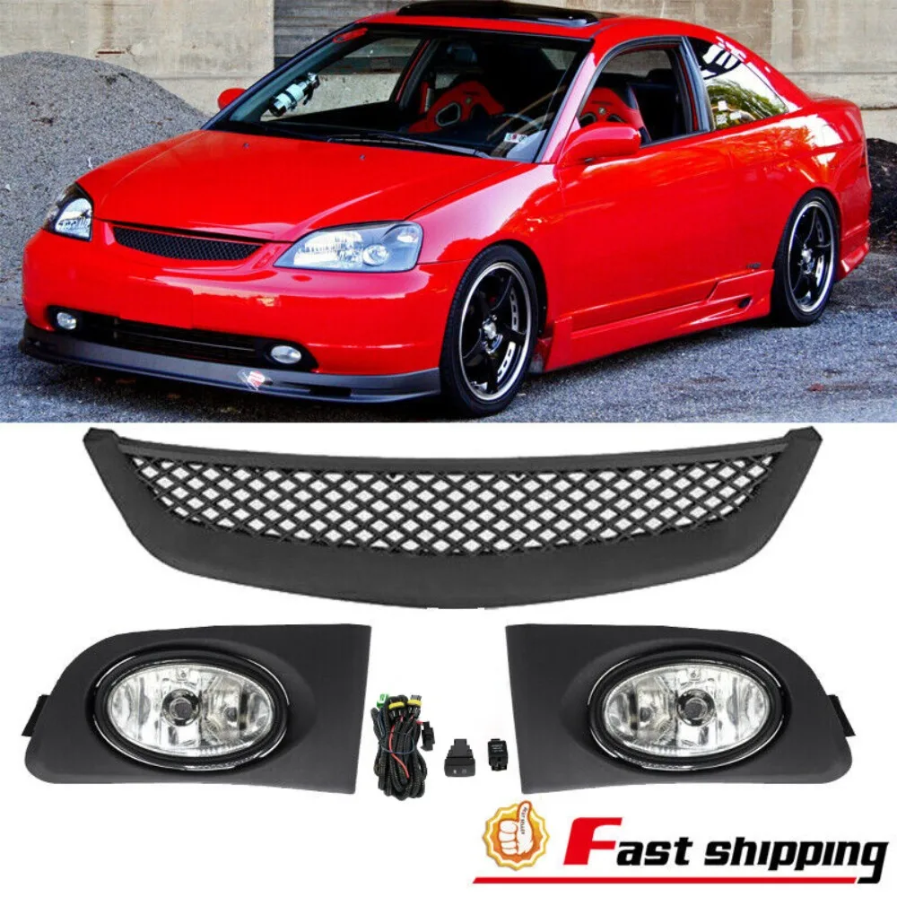 

Fit 2001-2003 Honda Civic Bumper Clear Lens Fog Light Lamp&JDM Grille grill Set