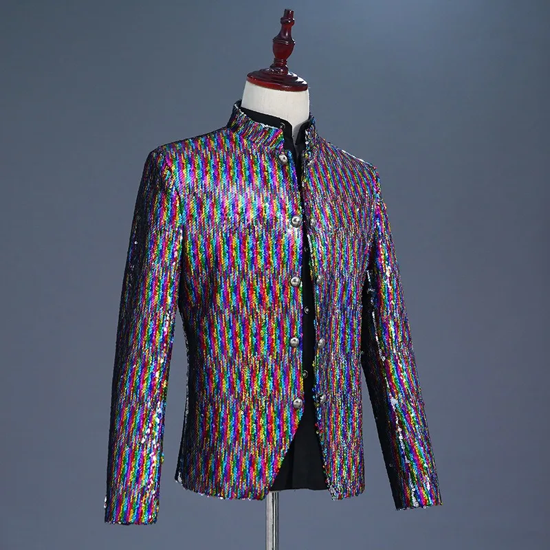 الرجال السترة أزياء المحكمة الملونة Flippable الترتر تونك ملهى ليلي DJ رئيس المغني المرحلة بار السترة الشعبية الرجال