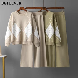 BGTEEVER Stylish Loose Female 2 Pieces Knitted Set Long Sleeve Plaid Sweaters Tops & Wide Leg Pants Autumn Winter Women Outfits