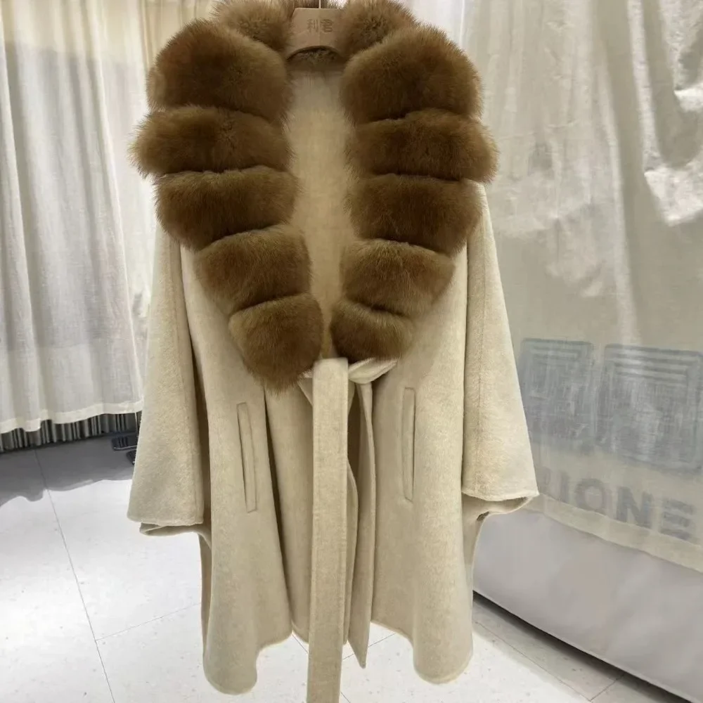 Double Faced Coat Minimalist Women's Winter Wool Jacket with Fur Trim Warm Winter Elegant Soft Texture Woolen Coat for Travel