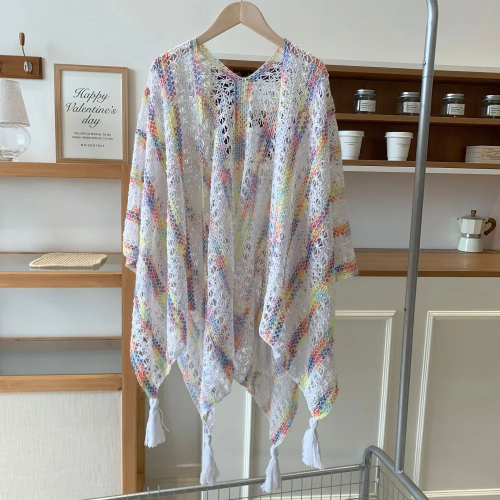 

Fashion Elegant Ethnic Style Tassel Shawl Colorful Thin Sunscreen Crochet Cardigan Hollow Retro Beach Scarf Spring Summer