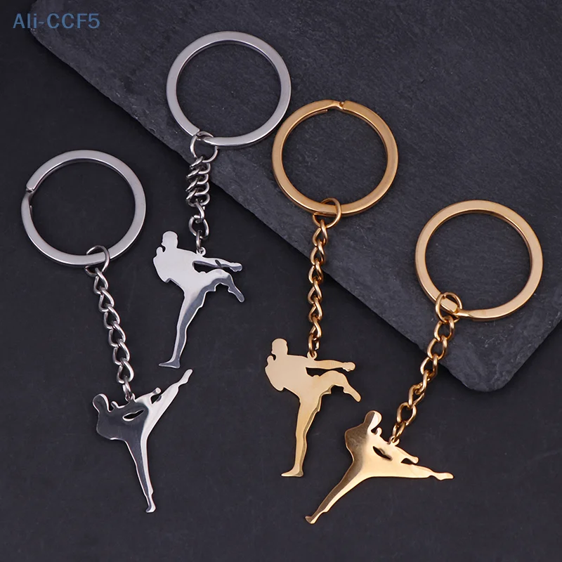 Taekwondo High Kick Keychains For Men Titanium Steel Sports Charm Karate Jiu Jitsu Keyring Jewelry Male Boys Gym Gifts