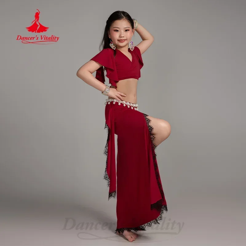 BellyDance Practice Clothes for Kid V-neck Short Sleeved Top+Lace Split Long Skirt 2pcs Girls Oriental Dance Training Clothing