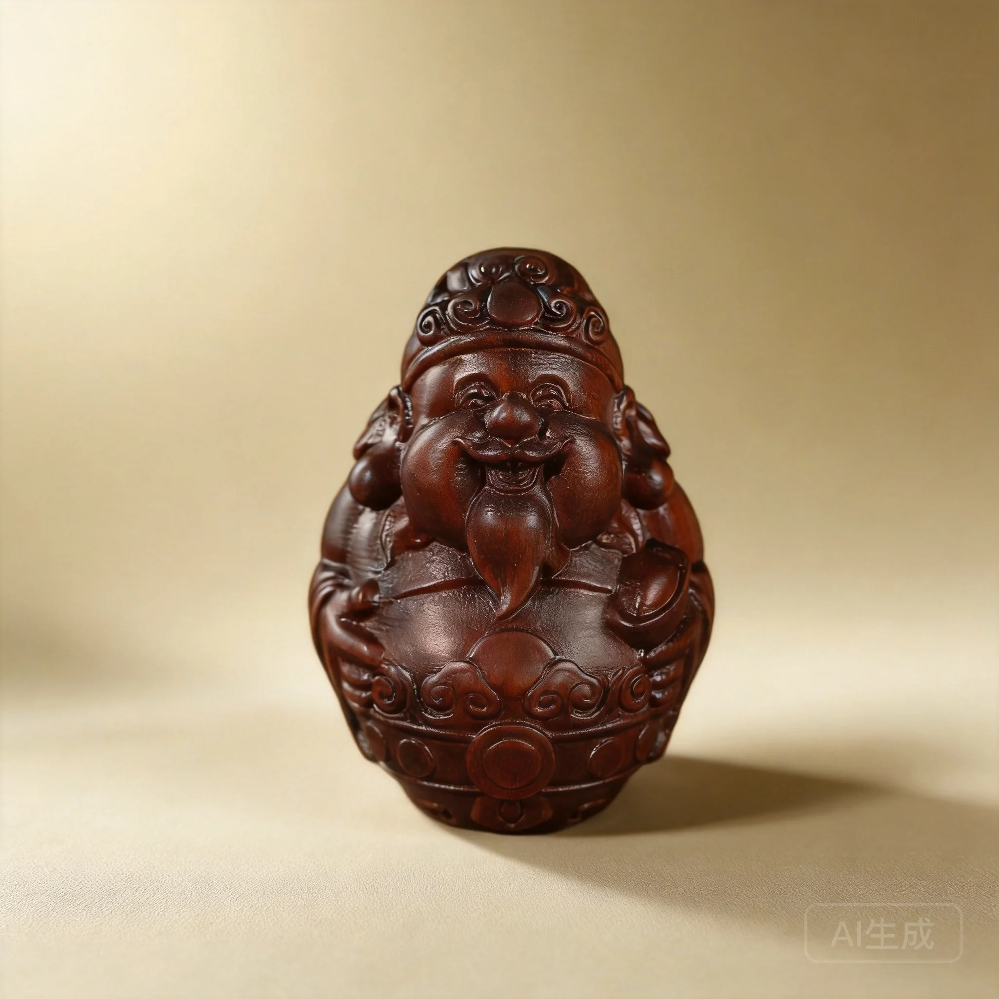 Chinese Traditional Auspicious Thunder Struck Jujube Wood Hand Carved God Of Wealth Pocket Figurine Wealth Attracting Good Luck