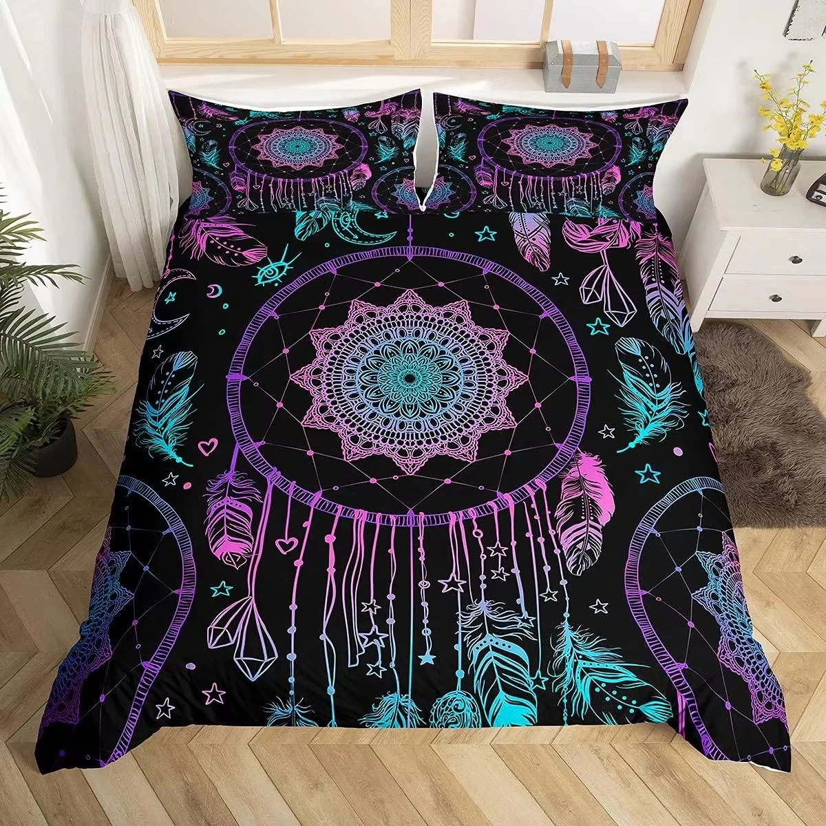 Dream Catcher Comforter Cover For Girls Women Boho Feather Duvet Cover Single Queen Exotic Bohemian Mandala Floral Bedding Set