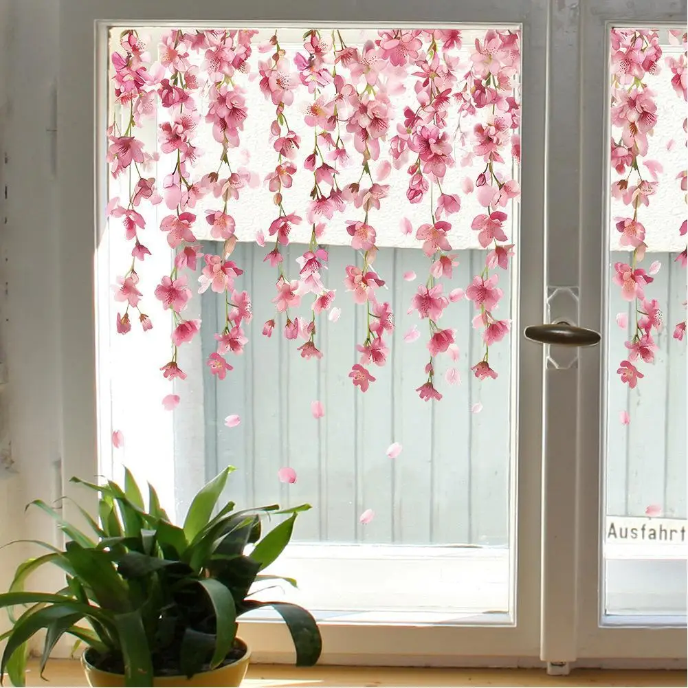 Hanging Vine Window Clings Fallen Flowers Window Decals Removable Floral Branch Home Stickers For Living Room Glass Door Decor