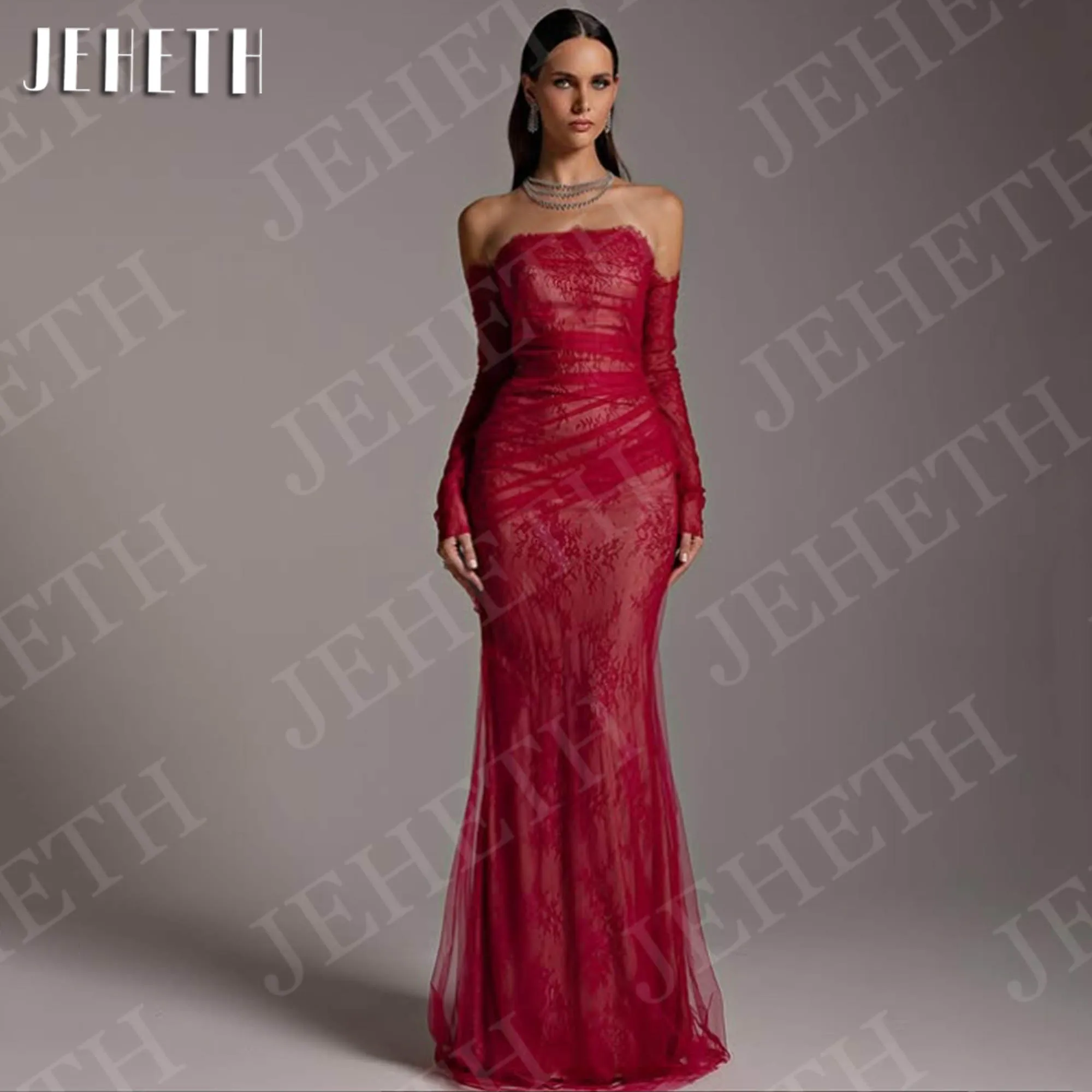 

JEHETH Sexy Lace Mermaid Evening Dresses Long Sleeves Floor Length Burgundy Strapless Formal Party Dress Customized فساتين سهرات
