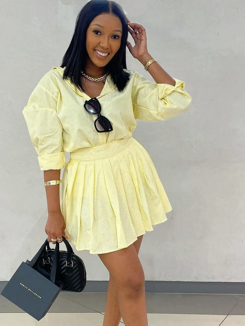 

Streetwear Striped 2 Piece Sets Women Outfit Autumn Clothes Women Long Sleeve Shirt Top Pleated Skirt Sets Two Pieces Dress Sets