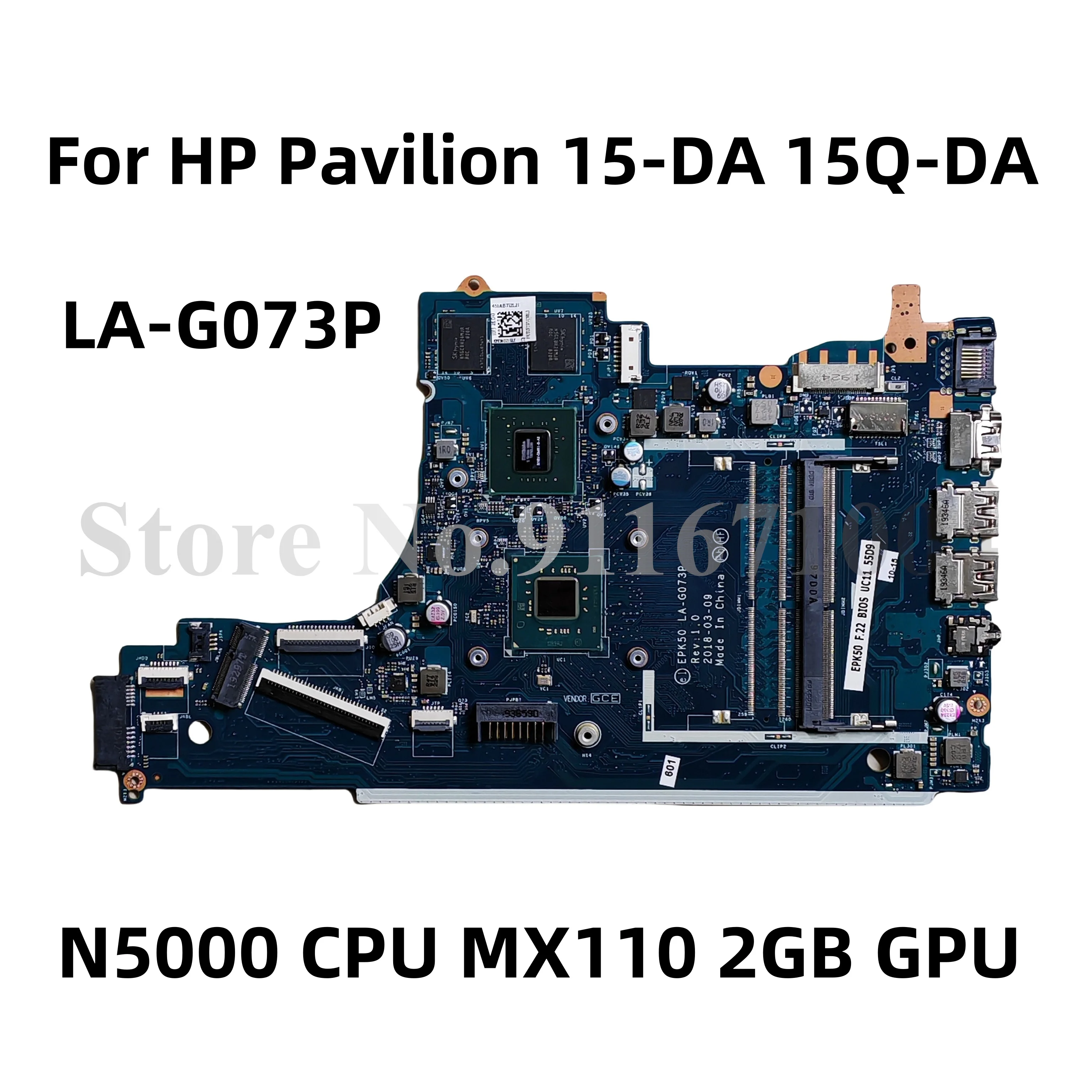 L20366-601 EPK50 LA-G073P para HP Pavilion 15-DA 15Q-DA placa base para ordenador portátil DDR4 con SR3RZ N5000 CPU MX110 2GB GPU 100% probado