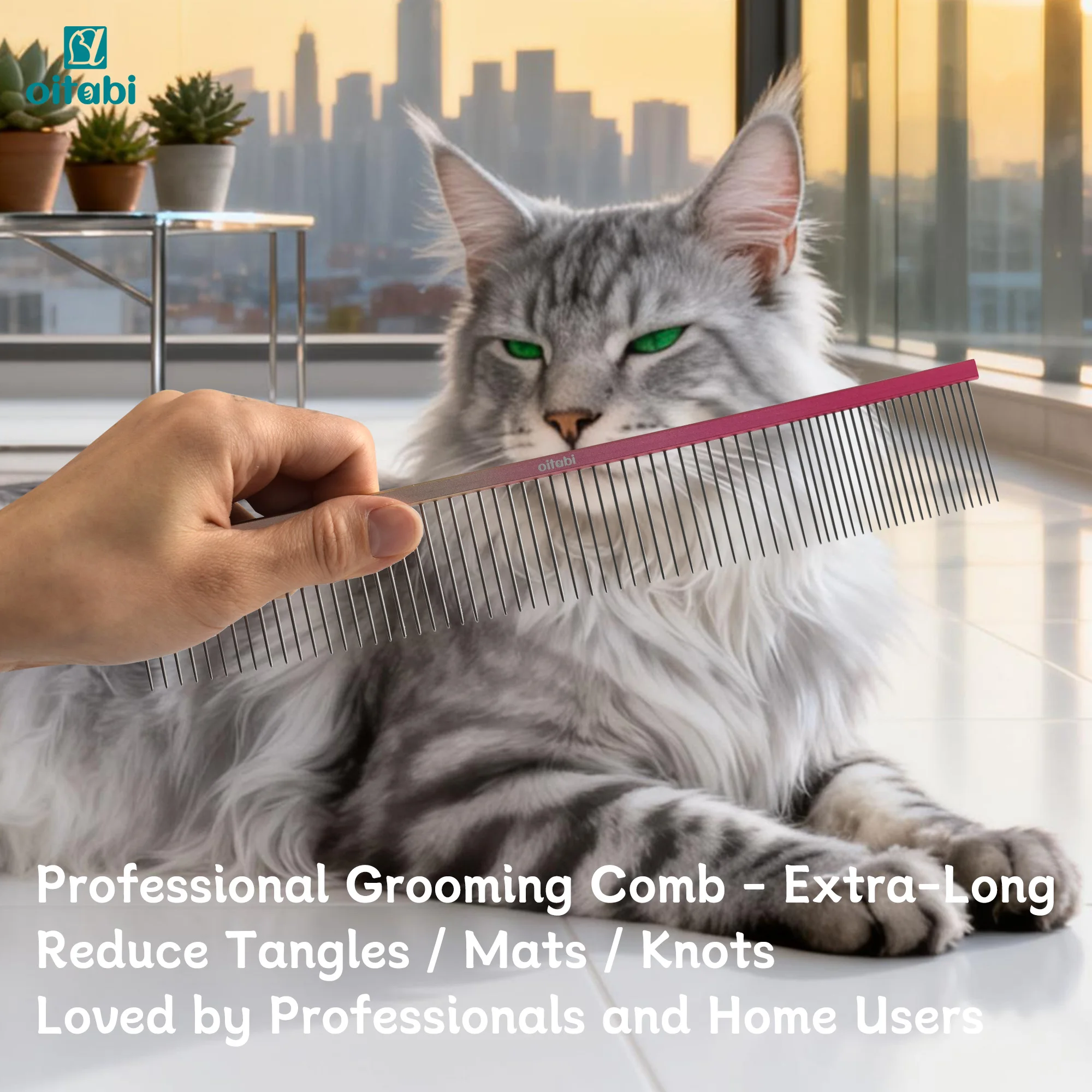 مشط احترافي طويل جدًا من OITABI للعناية بالحيوانات الأليفة، مشط متناثر وكثيف للصف لمشط الكلاب والقطط يزيل شعر عقدة الحصير والتشابك