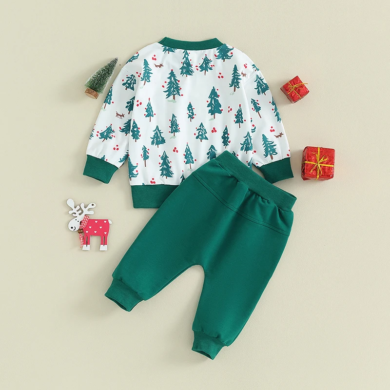 Kids Christmas Pajamas Set Toddler Boys Girls Xmas Tree Print Long Sleeve Tops and Solid Color Pants 2Pcs Outfits for Winter