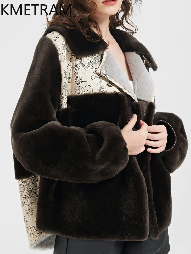 KMETRAM 100% Natural Goat Sheepskin with Wool Atttached Real Fur Coat Fashion Short New 2025 Winter Women Clothing шуба женская