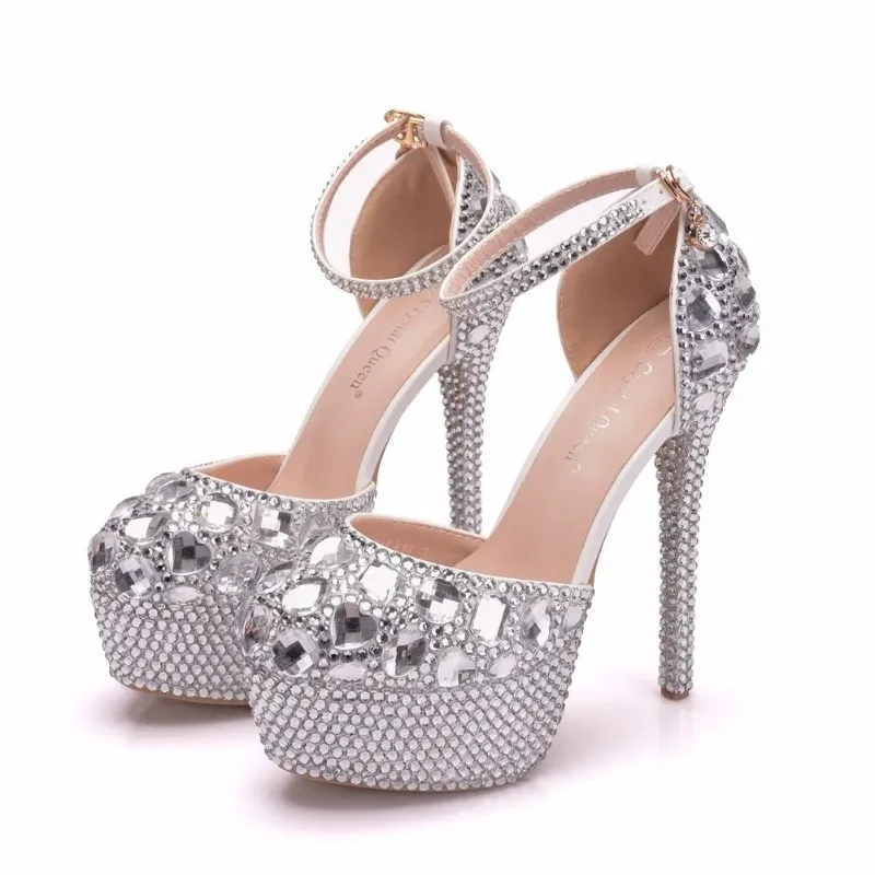 Summer New Women Slingbacks Sandals Buckle Pumps Rhinestone Crystal Platform PU 14CM Thin Heels Height Increasing Woman Shoes