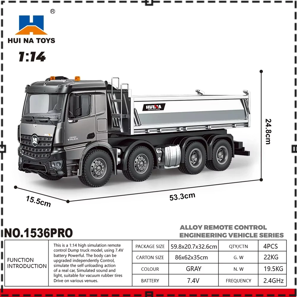 Hui Na New 1536PRO 1537 Alloy Remote Control Engineering Tipper Mixer Truck 1:14 Scale Heavy Duty RC Toy Full Proportion Wheel