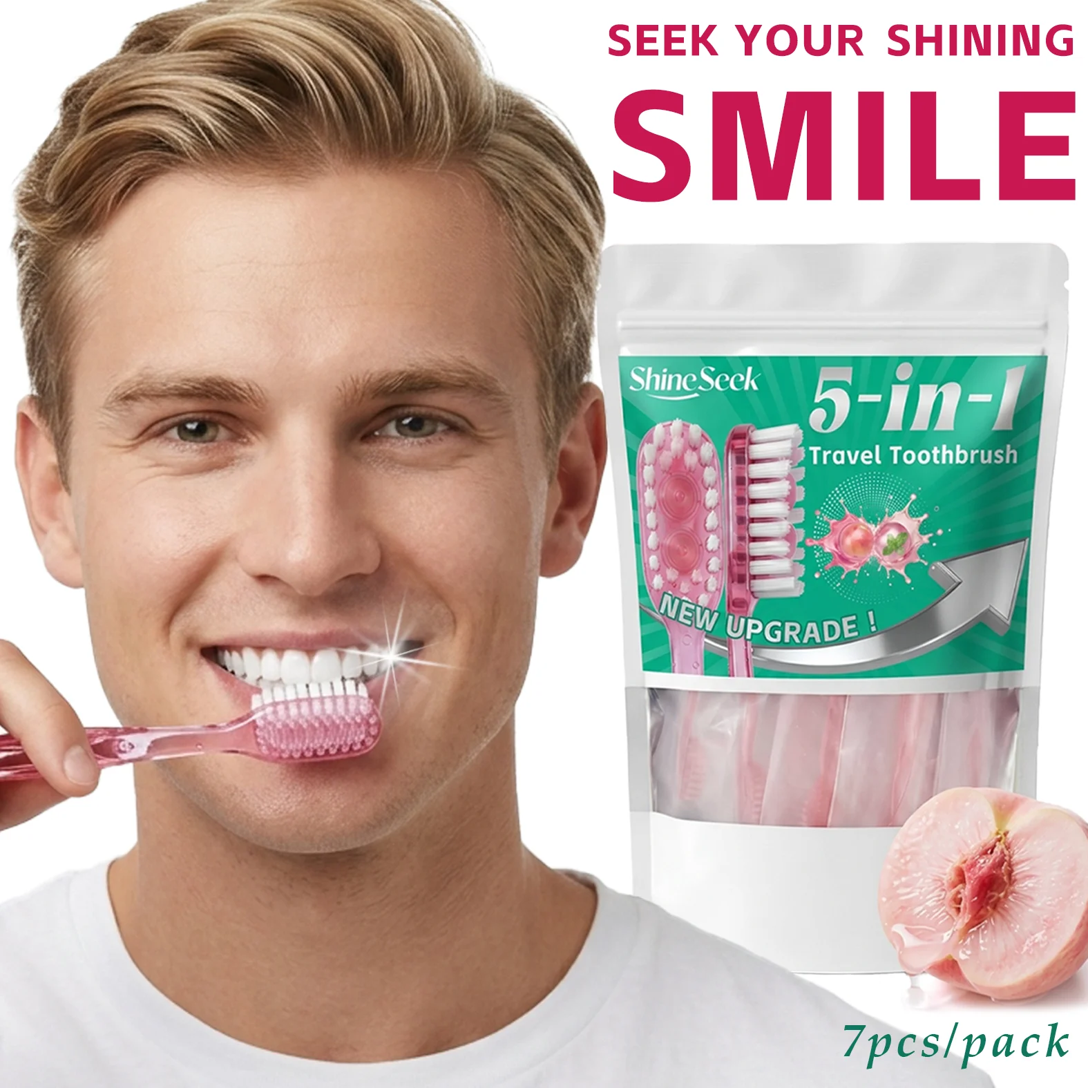 7-Piece Large Capacity Set, 5-in-1 Multifunctional Toothbrush Care Set with Peach Mint Flavor, Includes Two Freshening Beads + Toothbrush + Dental Floss + Interdental Cleaning Stick + Tongue Scraper, Convenient and Soft, Soft Bristle Design, Teeth and Gum Care |   Travel Essentials |   Individually Packaged |   Soft |   Mint Flavor |   Travel Toothbrushes Are the Best Choice for Smart Families!