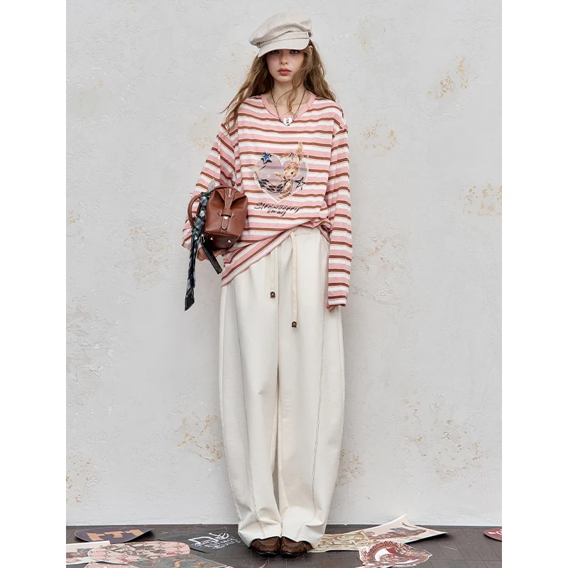 ELFSACK 2025 Autumn New Arrivals Casual Stripe Cartoon Embroidery Oversized Shirt Long Sleeve Shirt For Women