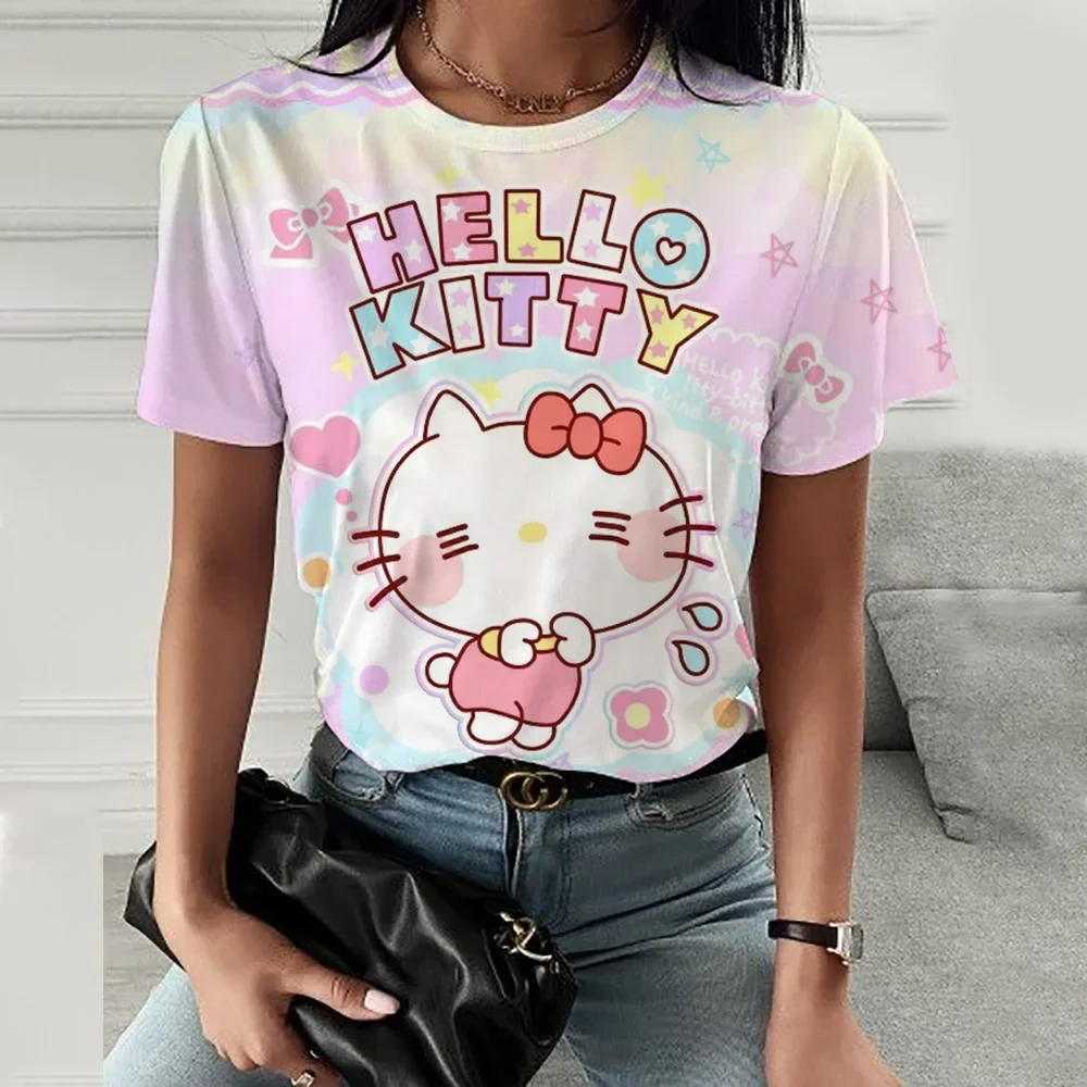 

New Hello Kitty Fashion print Short Sleeve T Shirt Fashion Women T-shirt Cartoon Graphic Tee Shirts Female Tops Clothing
