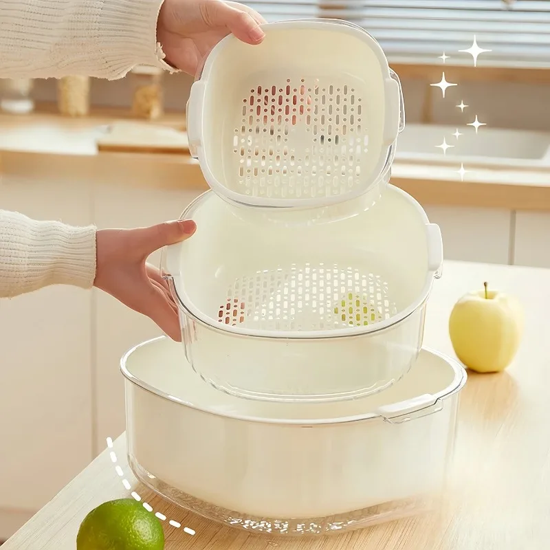 2-layer Draining Basket Plastic Water Filter Set Kitchen Fruit Vegetable Cleaning Strainer Detachable Food Prep Storage Basket