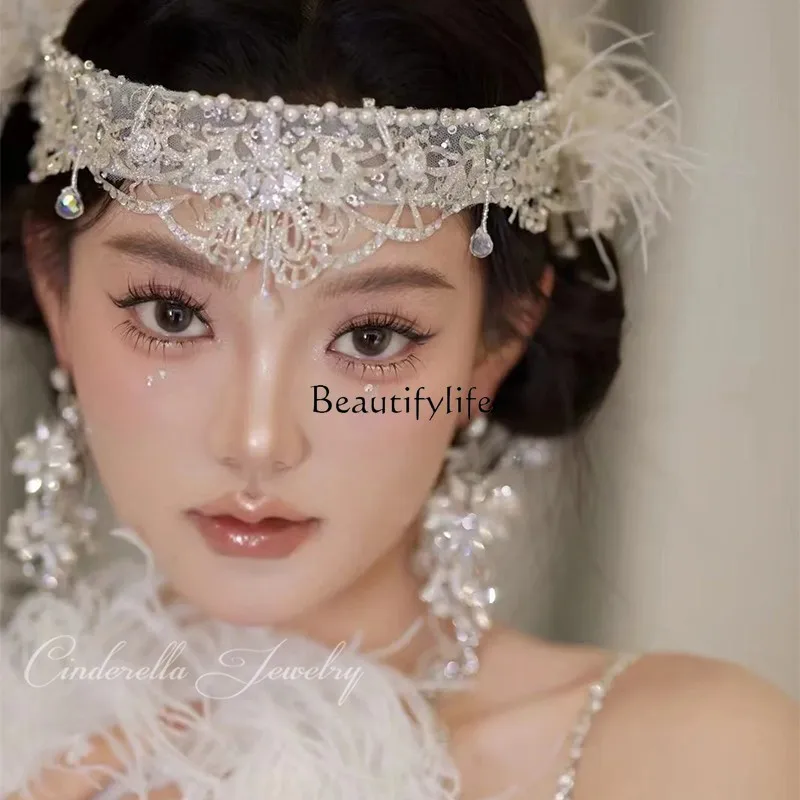 

Crystal fringed feather hair crown retro bridal forehead, eyebrow pendant, headdress, premium wedding dress, hair accessories