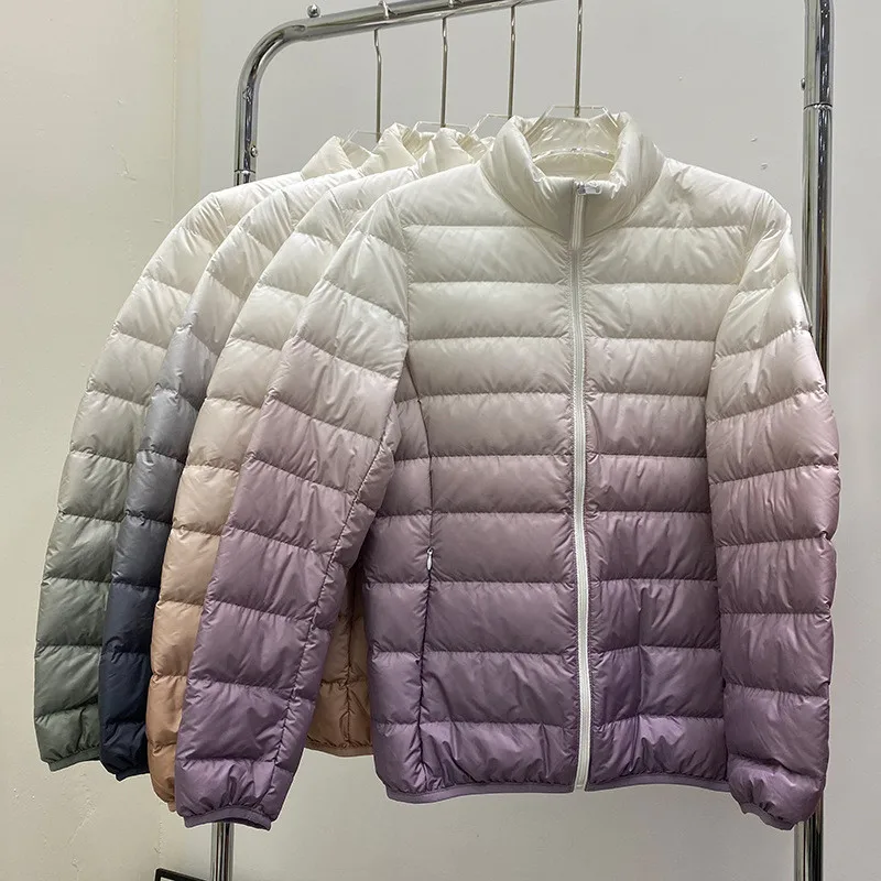 

2023 Autumn Winter Gradient Down Coat Women Warm Light White Duck Down Jacket Female Stand Collar Short Oversize Parkas Outwears