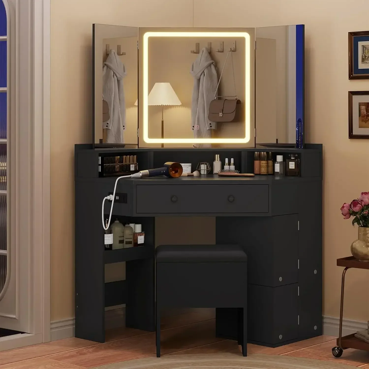 Corner Vanity Desk with Mirror and Lights, Power Outlet & Rotating Shelves, Makeup Vanities with Storage Bench, Drawers,