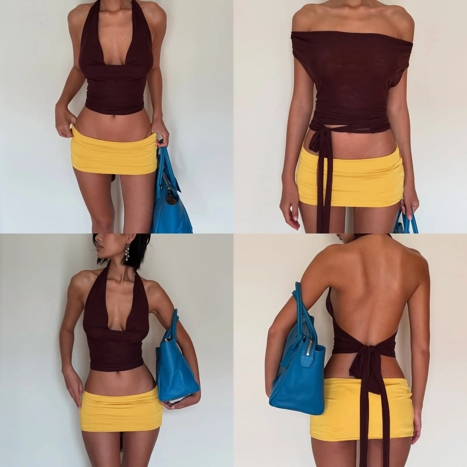 Sexy Halter Dress Set,Sling Suspender Bodycon Mini Dress Matching Set,Evening Dress Jumpsuit Playsuit Spring Summer