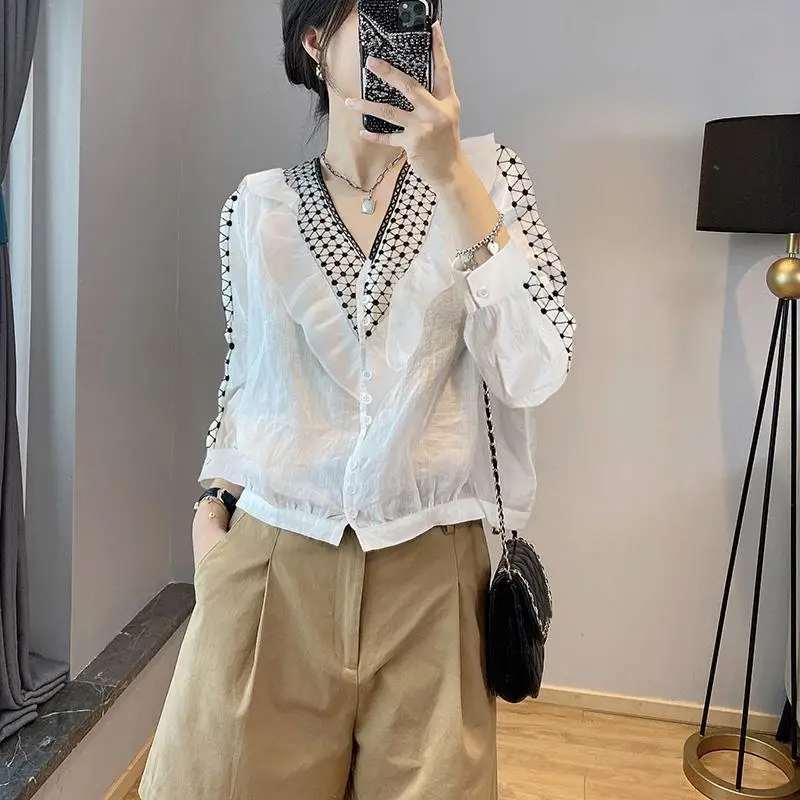 Commute Solid Color Ruffles Spliced Shirt Spring Autumn Long Sleeve Women\'s Clothing Single-breasted Casual Loose V-Neck Blouse