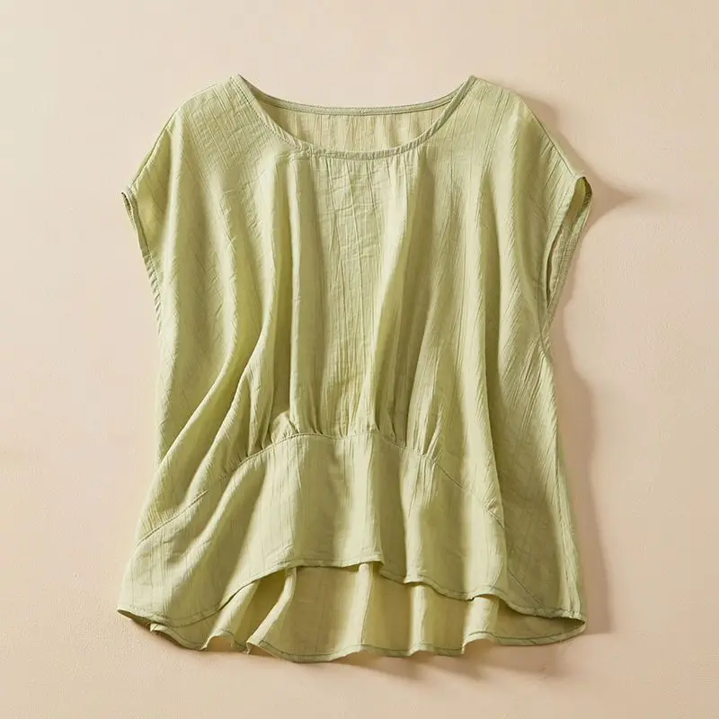 Summer Pleated Cotton and Linen Casual Women New Sleeveless T-shirt Vintage Round Neck Loose Solid Color Appear Thin Insert Tops