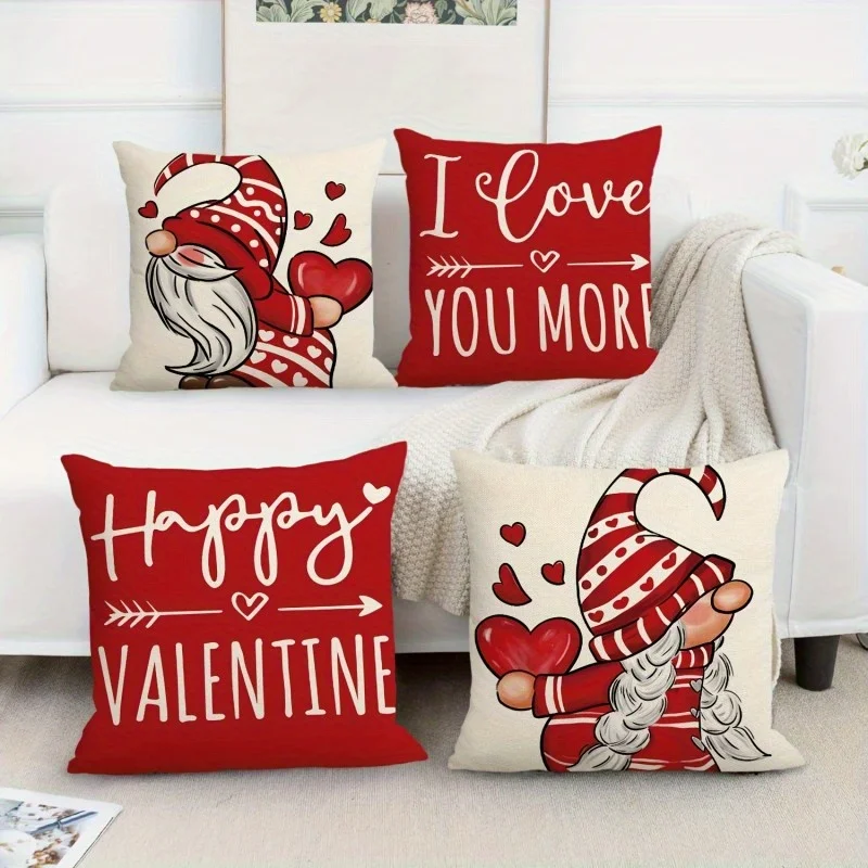 4pcs Valentine's Day Cushion Covers - Gnome & Heart Decorations, Red/Beige/ Pillow Cases - Zipper Closure, Machine Washable