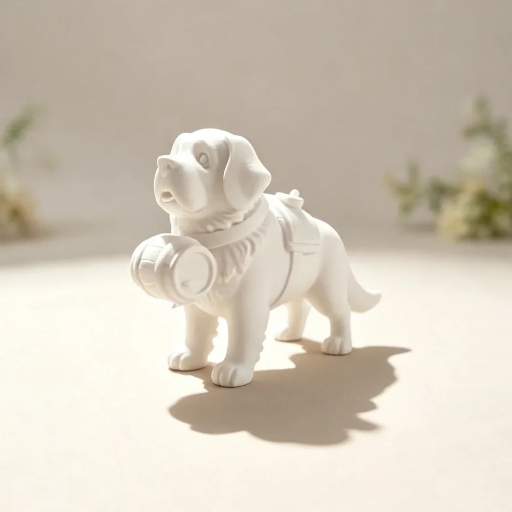 3D Printed White St Bernard Dog Figurine Carrying Barrel Cute Rescue Puppy Sculpture For Desk Shelf And Whimsical Home Decor