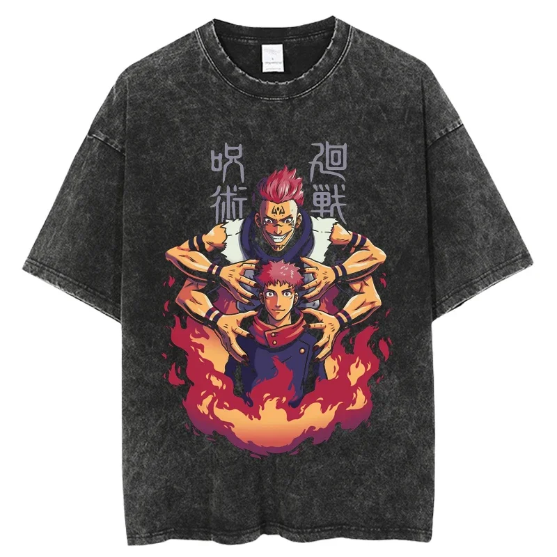 

Washed Manga Oversized Clothes Tops Men T-shirt Jujutsu Kaisen Anime Harajuku Summer Short Sleeve T Shirt