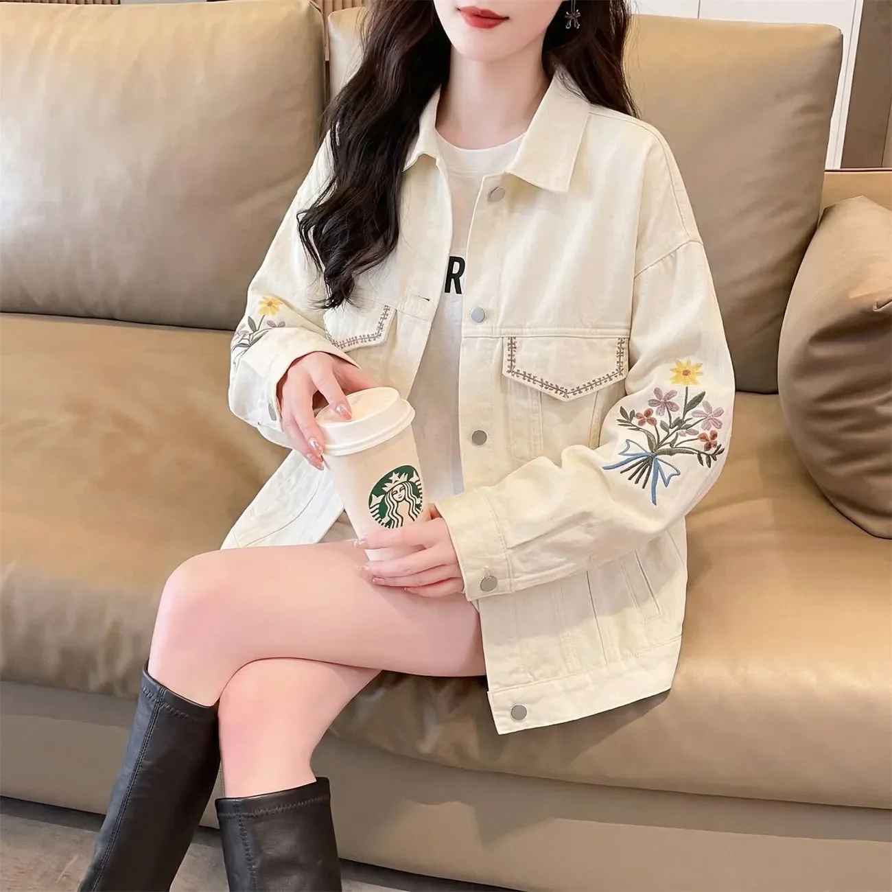 Women Cream White Denim Jacket Lapel Collar Floral Bouquet Embroidery Loose Casual Button Down Jean Outerwear Coat