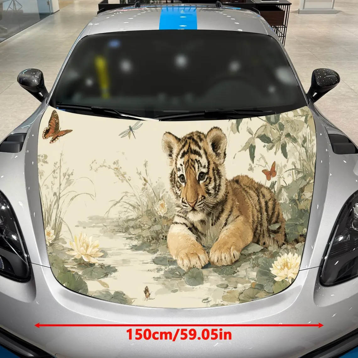 Car Decals A Tiger Design with Floral and Butterfly Elements in a Classic, Textured Background with Artistic, Elegant Nature-Ins