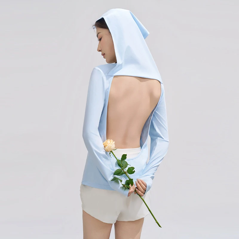 Pure Cotton Sunbathing Clothes Women's Sweat Absorbing Breathable Chest Cushion Outdoor Long Sleeved Backless Top T-Shirt