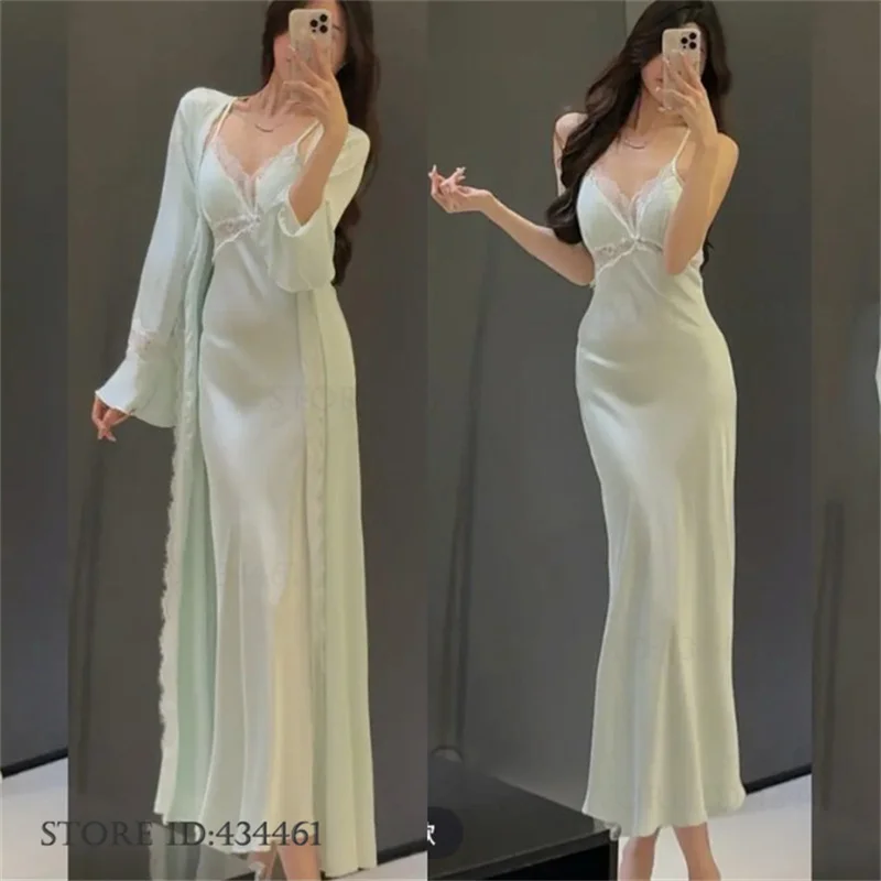 Elegant Women Long 2PCS Robe Set Female Sleepwear Sexy Patchwork Lace Nightgown Lingerie Summer Silk Satin Home Dress Loungewear - Image 3
