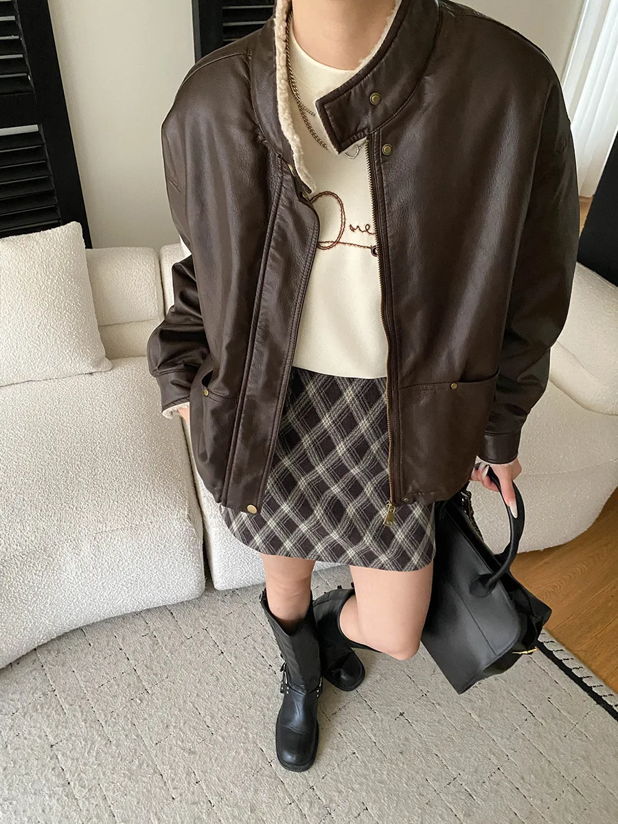 Veste décontractée à col montant pour femme, style moto américaine, avec veste en cuir épais en peluche