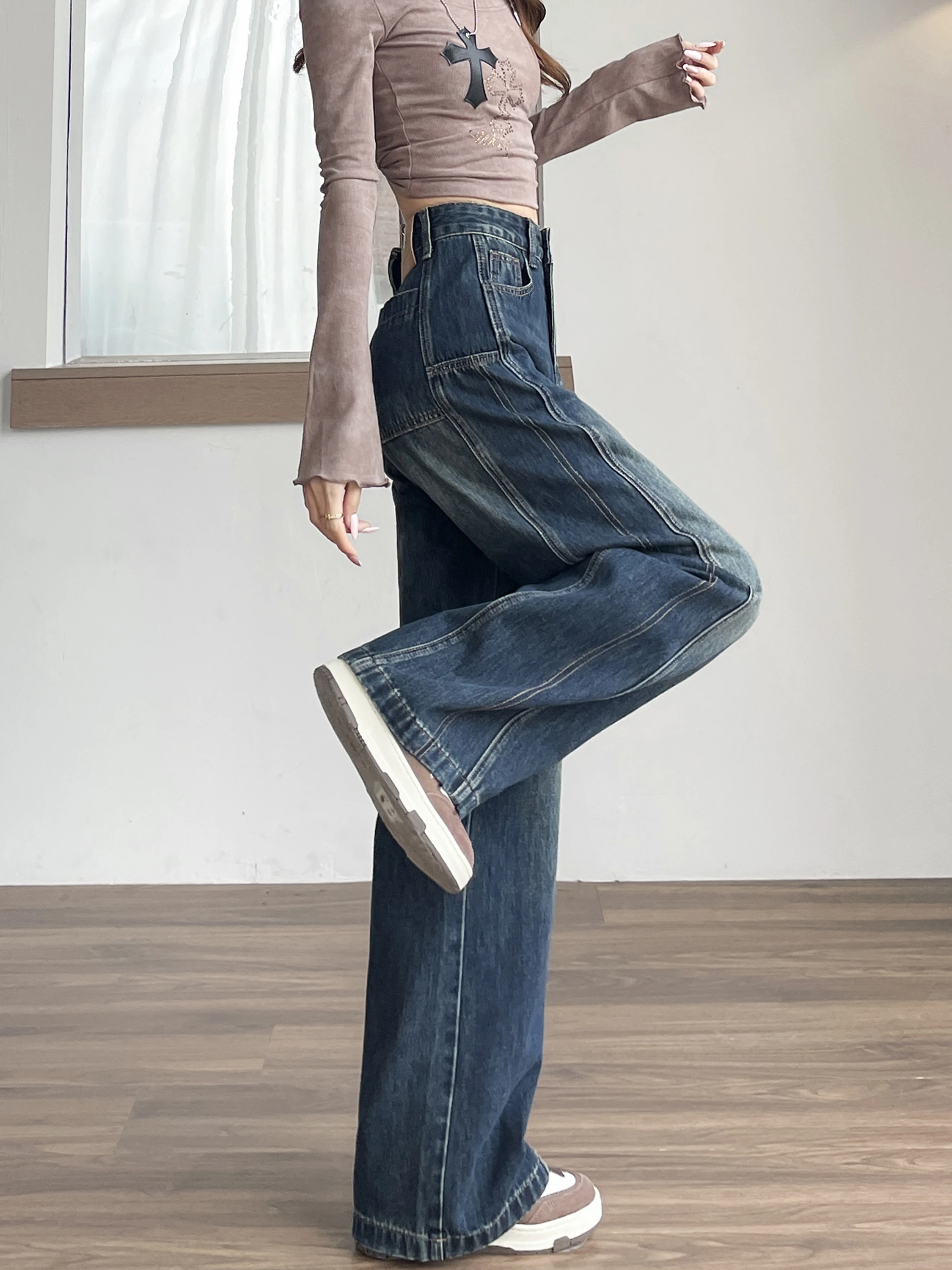 Thiened Fce ハイウエストベルボトムジーンズ女性冬新作スレブルーウェッドデニムルーズロングパンツ通勤ファション