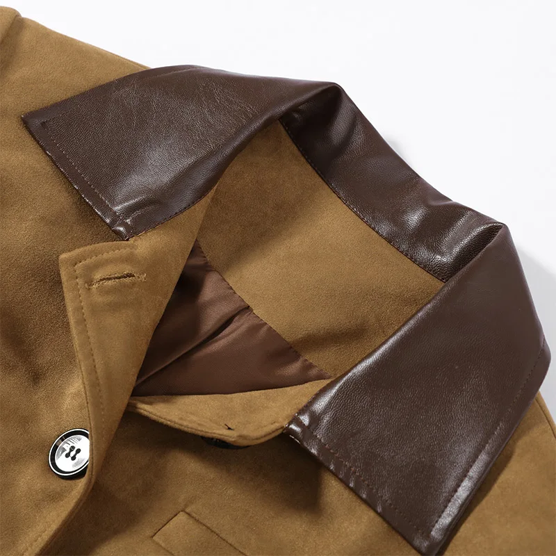 Kunstleder-Patchwork-Wildleder-Taillenbetonte Lange Mäntel für Damen, Street-Style, Reverskragen, Vollarm, Paneelierte Schlanke Jacken, Schicke Damen-Oberbekleidung – Detail 6