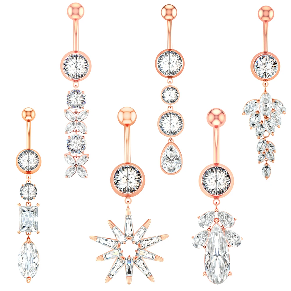 1pc Long Dangled Curved Navel Ring Jewelry Water-Drop Butterfly Crystal CZs Belly Button Ring Belly Piercing Nombril for Women