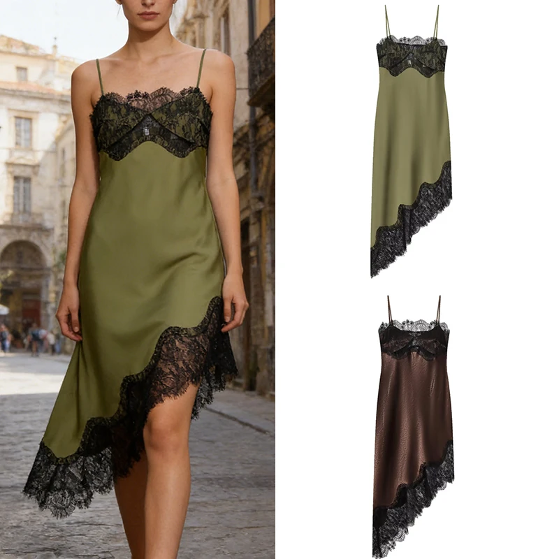 여성용 새틴 레이스 슬립 드레스 브라운/올리브 그린 비대칭 밑단 란제리 패션 파티 스타일