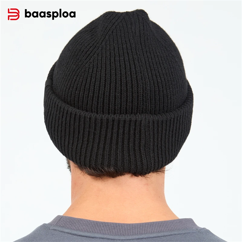 Baasploa New Men Knitted Hat Autumn Fashion Solid Color Wool Warm Beanies Cap Male Outdoor Casual Elastic Street Hip Hop Hats