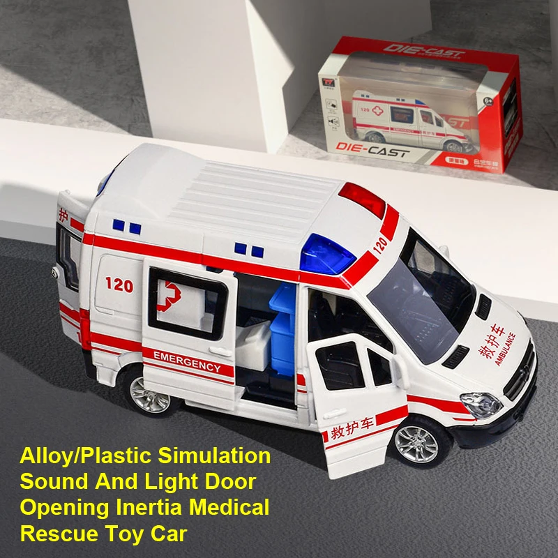 Children's Ambulance Toy, Alloy/Plastic Simulation Sound And Light Door Opening Inertia Medical Rescue Toy Car,XT199