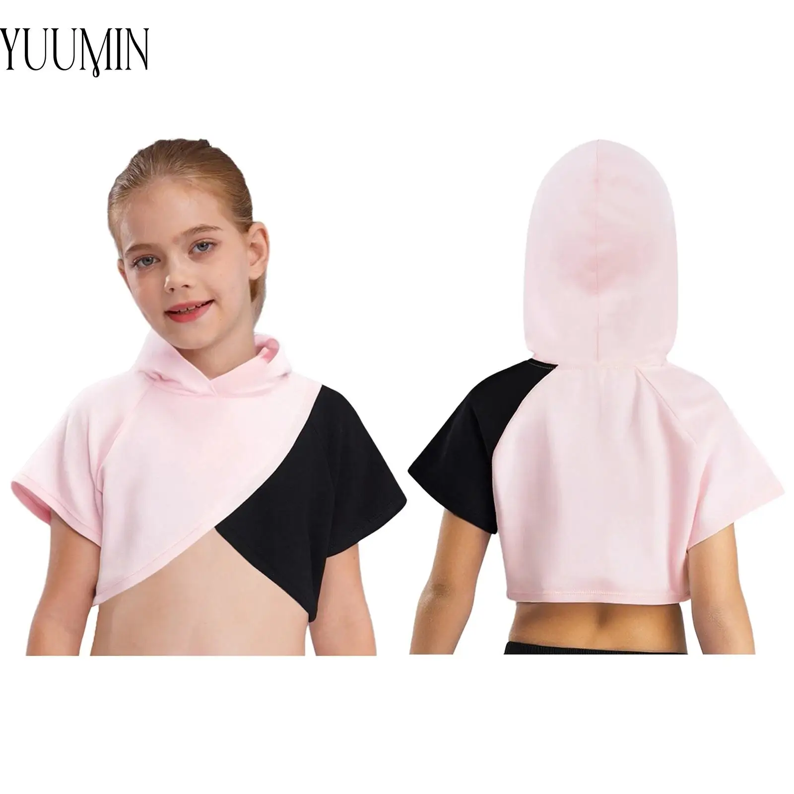 

New Style Kids Girl Hip-Hop Hooded Sweatshirt Short Sleeves Color Block Irregular Hem Crop Top Sports Pullover Hoodie Streetwear